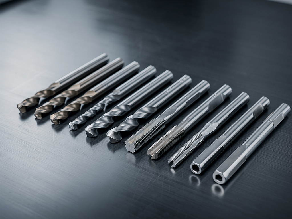 A neat row of end mills, drills, taps and reamers laid out on a dark graphite steel workbench.