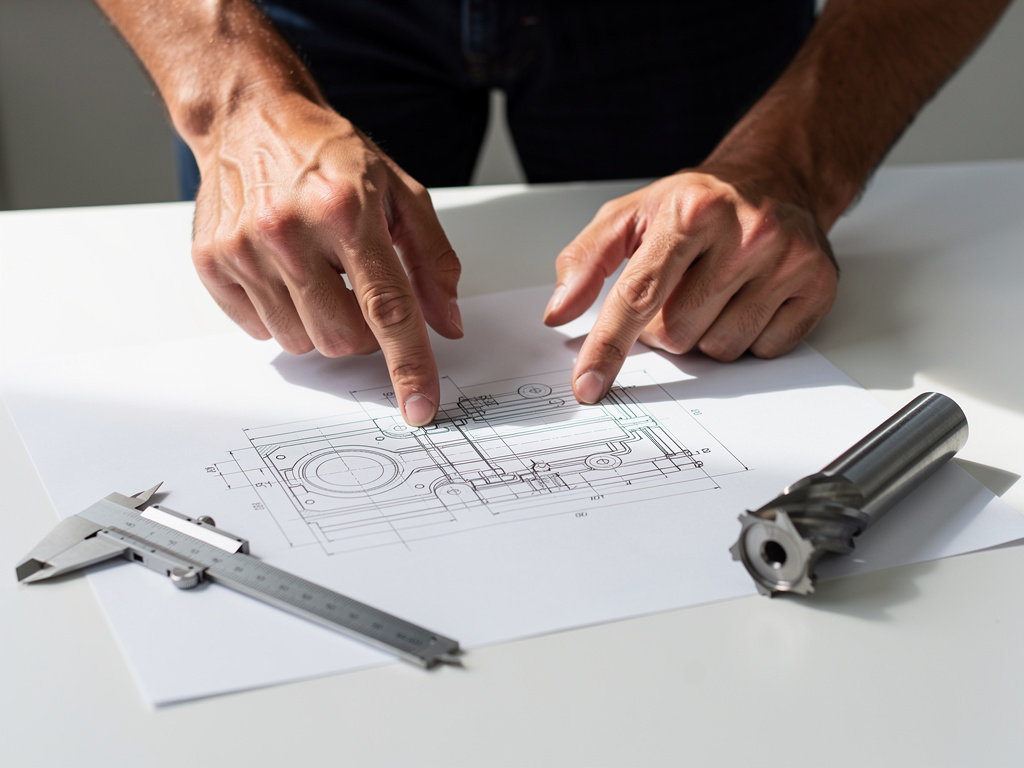 Two hands, faces out of frame, pointing at a metal part drawing beside a caliper and a carbide end mill.