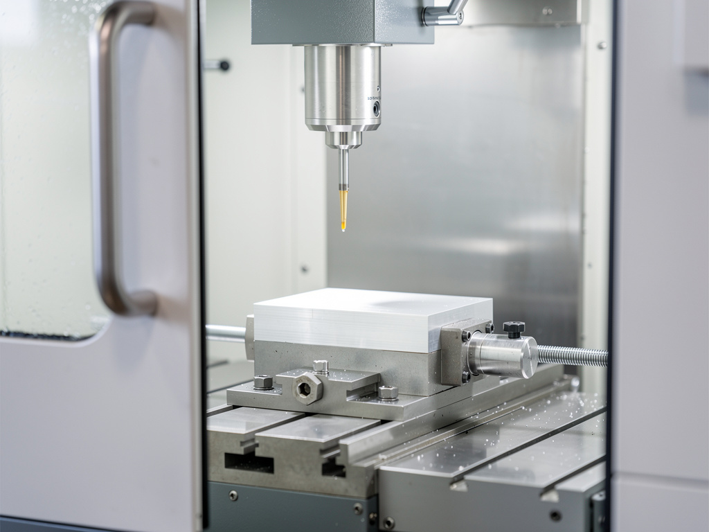 Inside a CNC machining center, a tool holder lowering toward an aluminum block, viewed through the machine door.