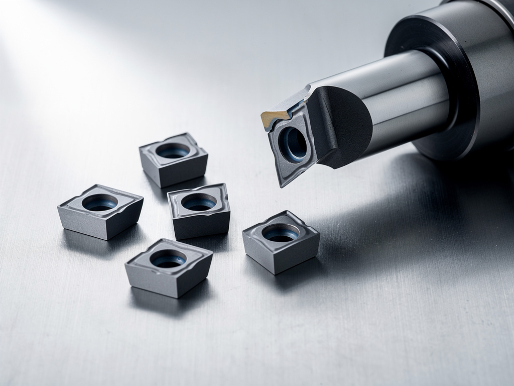 Close-up of carbide inserts beside a turning holder on a brushed steel surface.