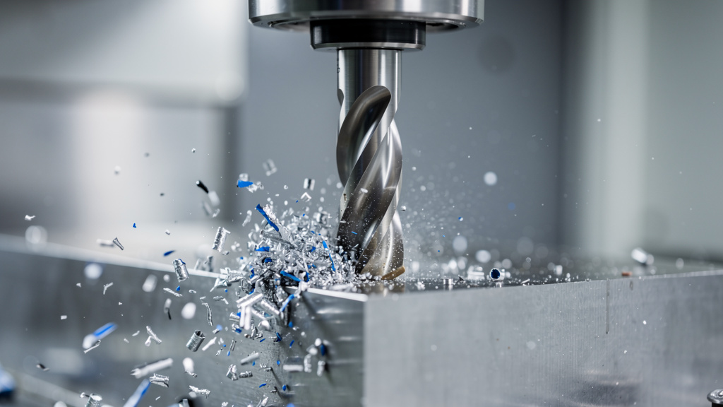 Extreme close-up of a cutting tool engaging a steel workpiece in a CNC machining center, with bright metal chips flying 