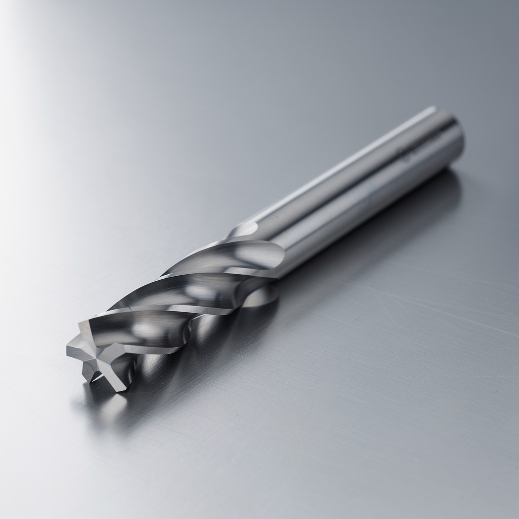 A single unbranded carbide end mill lying diagonally on a clean brushed-steel surface with soft side lighting.