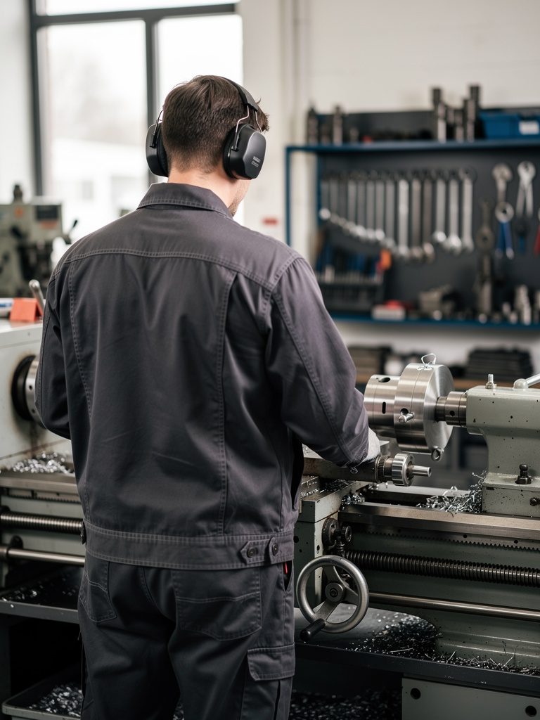 A machinist seen from behind at a conventional lathe in a clean workshop, with tool racks out of focus in the background